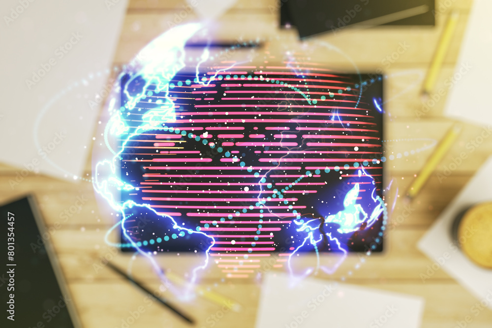 Aufkleber double exposure of abstract digital world map with connections and modern digital tablet on backgrou