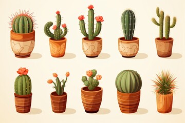 Highresolution cactus vector set in a watercolor style, perfect for crafting seamless patterns for textile, ceramics, and greeting card designs ,  flat graphic drawing
