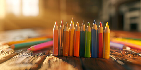 Colorful School Pencils Close Up on Wooden Table Background with Bokeh Blur Effect Back to School Concept School Supplies Writing Implement