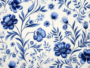 Seamless pattern of delft blue blossoms and leaves for vintageinspired ceramic tiles and fine paper printing ,  simple lines drawing