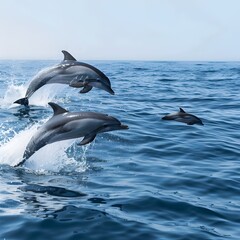 Fototapeta premium A Joyous Leap of Dolphins Soaring Through the Vibrant Ocean Waves