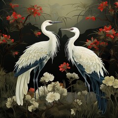 Elegant vector depiction of cranes in a mystical garden, perfect for seasonal greeting cards and artful ceramic designs ,  seamless pattern
