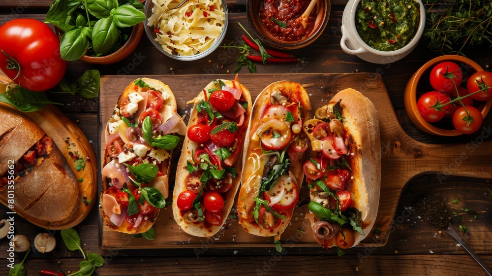 Wall mural Appetizing array of gourmet sandwiches with fresh ingredients on wooden boards