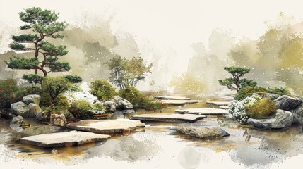 A serene and soothing combination of art and nature, with watercolor blush set in a Zen garden.