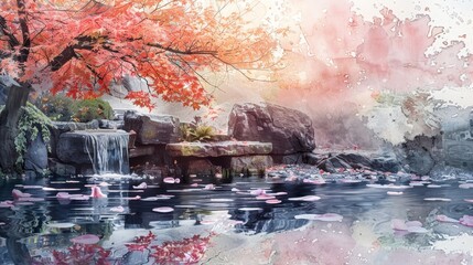 Watercolor blush in a Zen garden setting, a serene and soothing combination of art and nature.