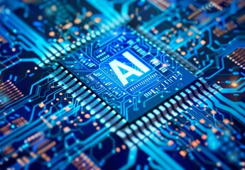 A blue circuit board with the letters AI on it