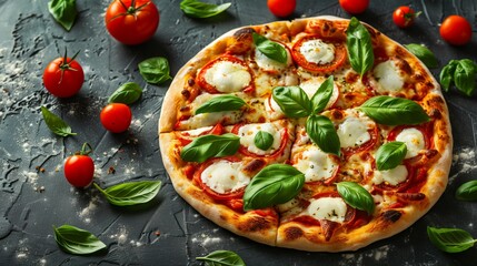 Delicious fresh margherita pizza with mozzarella, tomatoes, and basil on a dark textured background.