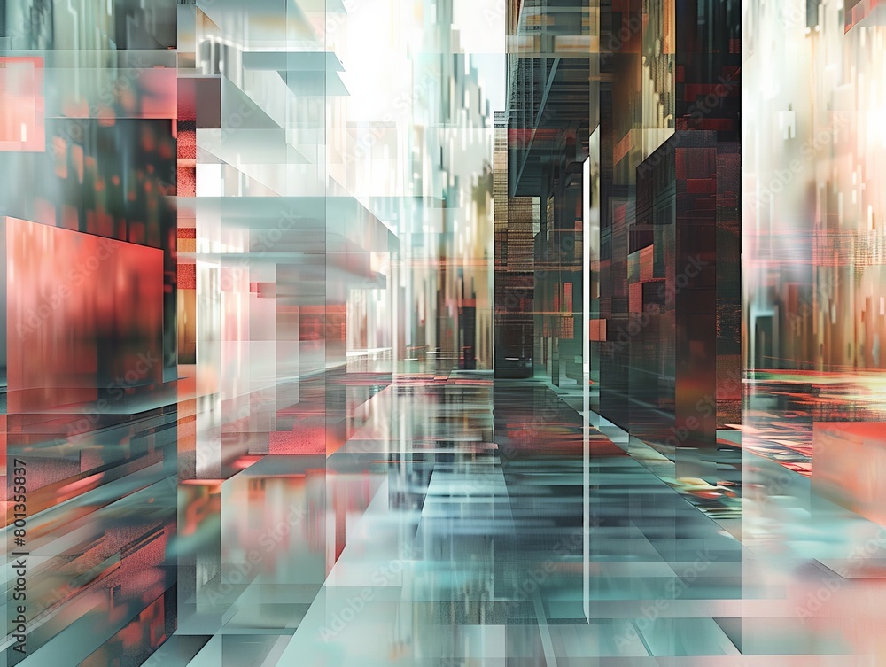 Aufkleber a digital landscape composed of geometric shapes morphing and shifting, reflecting an ever evolving 