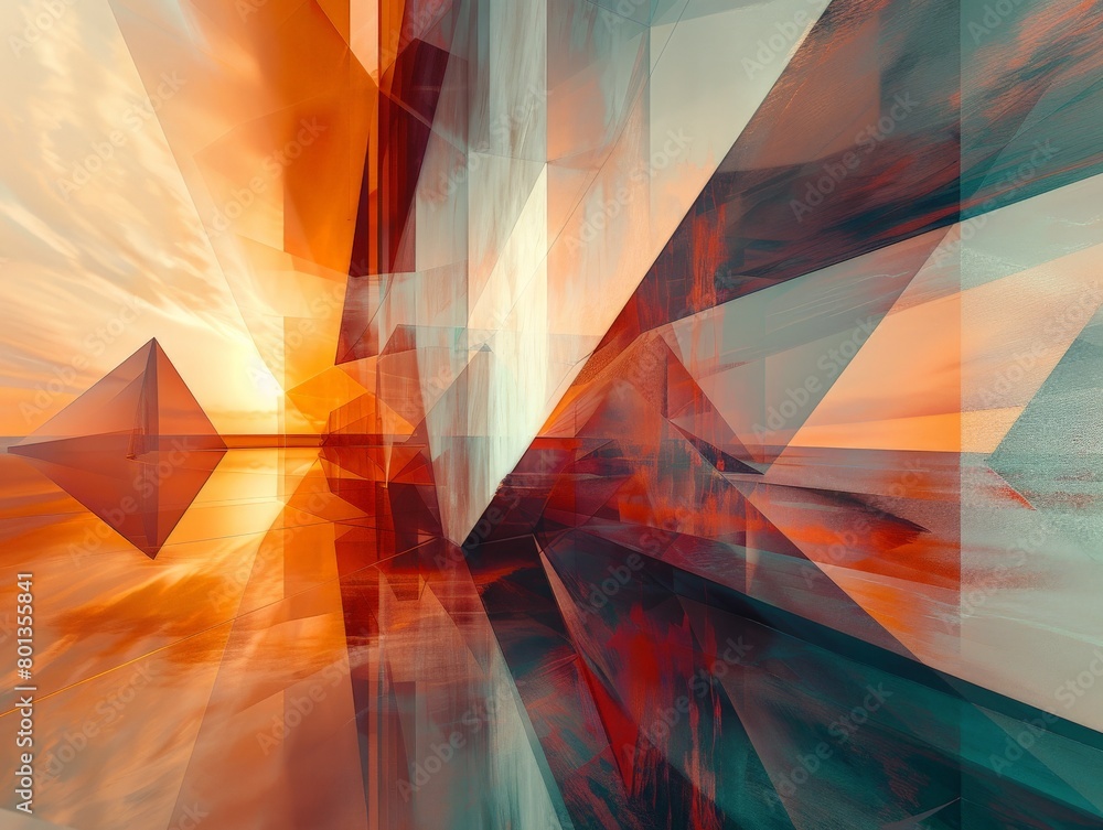 Poster a digital landscape composed of geometric shapes morphing and shifting, reflecting an ever evolving 