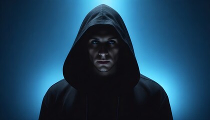 portrait of a person in a dark background, A person in a hoodie hacks computer networks