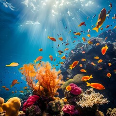 Fototapeta na wymiar Vibrant Underwater Coral Reef Teeming With Colorful Marine Life