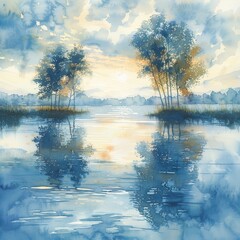Watercolor landscapes featuring fluid brush strokes, depicting serene and dreamy water scenes.
