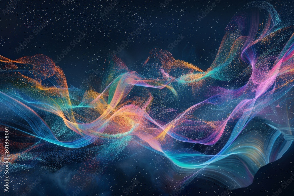 Poster a dynamic composition of colorful particles swirling and forming intricate lines against a dark, sta