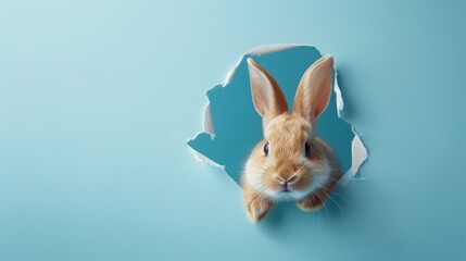 Fototapeta na wymiar An adorable rabbit peeks curiously through a torn paper hole on a bright blue background making for a playful and charming image.