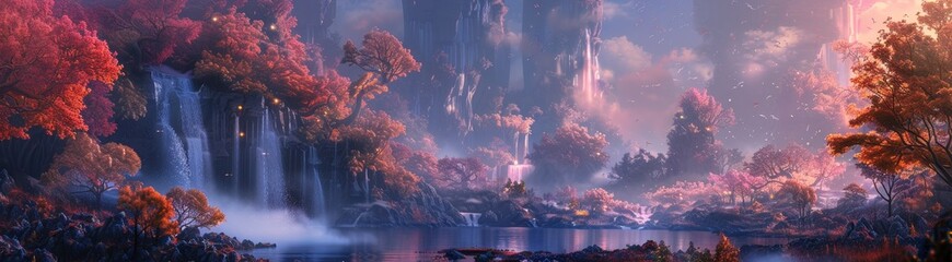 A mystical and imaginative landscape filled with enchanting colors and shapes.