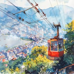 A watercolor painting of a cable car going up a mountain. The sky is a bright yellow and the city is in the background.