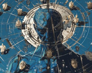 Obraz premium A highly detailed painting of a circuit board in the shape of a human body. It is blue and gold. There are gears and cogs everywhere. It is very intricate and detailed.