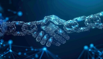 A handshake between two figures made of digital code, symbolizing secure transactions on a blockchain network 