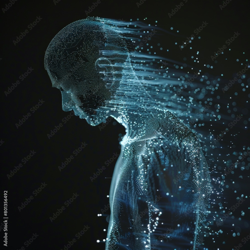 Poster a holographic projection of a human figure in constant flux, their form composed of shimmering data 