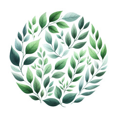 Green watercolor botanical Leaves circle frame