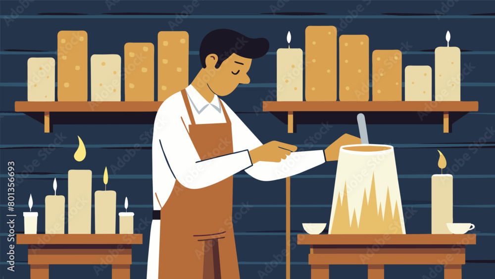 Poster against a backdrop of rustic wood shelves a man wearing an apron dips tall white candles into a vat 