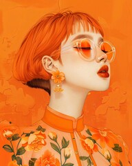 Illustration of a woman with orange hair casual stylish dress pop art modern painting stylish vivid vibrant color of woman portrait summertime colour theme