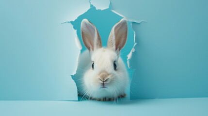 Obraz premium This image captures a white rabbit with an alert expression looking out from a jagged blue paper cutout providing a whimsical visual.