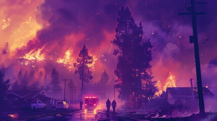 Fierce wildfire engulfing a residential area at sunset. Emergency and disaster concept