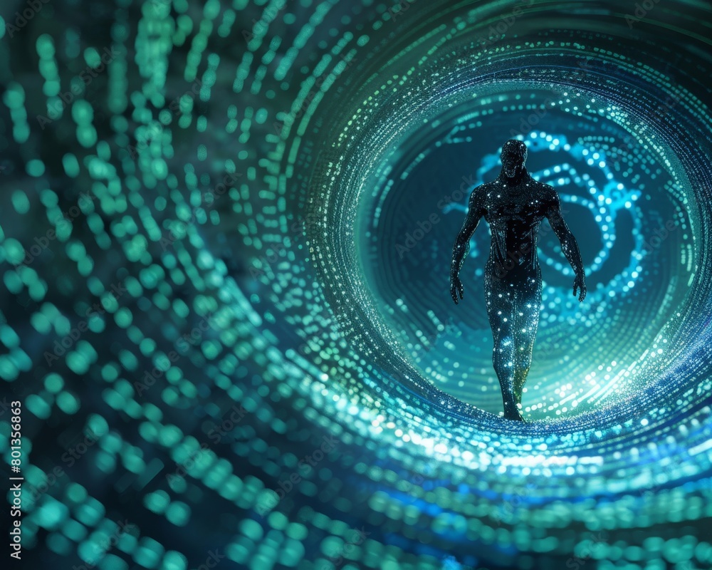 Aufkleber a lone cyborg figure stands amidst a swirling vortex of blue binary code, their metallic form castin