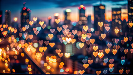 Heart-shaped bokeh on nighttime city photos. AI Generative