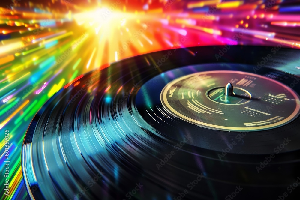 Poster a hyperrealistic closeup of a vinyl record, its grooves illuminated by a beam of light that explodes