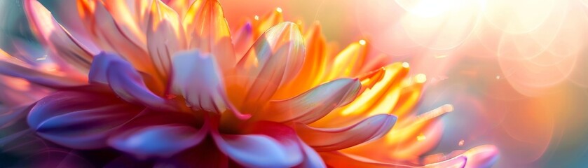 A macro shot of a blooming flower, its delicate petals bursting with vibrant colors and light rays filtering through the leaves, creating a sense of awe. 