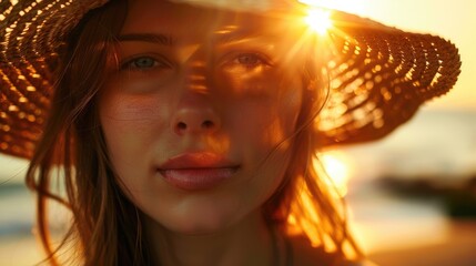 A closeup shot capturing the sun shining through a womans hat, highlighting her nose, eyebrows, eyelashes, and jaw. She looks happy and exudes beauty and fun with this fashion accessory AIG50