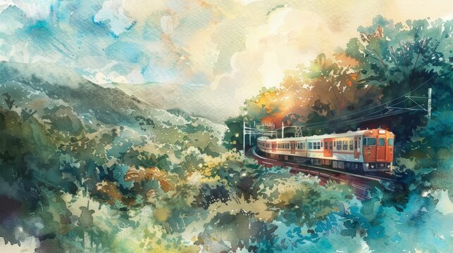 A train snakes through the countryside, its rhythmic clatter a soundtrack to the changing landscapes, kawaii water color