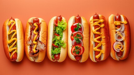 An array of six delicious hot dogs with assorted toppings on a vibrant orange background.