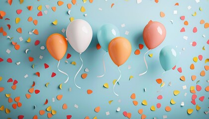 Colorful Balloons and Confetti on Pastel Blue Background.
