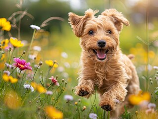 A dog with floppy ears joyously leaps through a vibrant field of flowers at sunset.