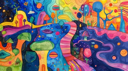 A colorful surreal painting of a landscape with a path leading through it