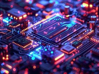 Obraz premium A microscopic view of a computer chip, its intricate circuitry glowing with vibrant binary code patterns, rendered in a hyperdetailed 3D style 