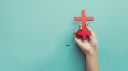 Obraz premium A translucent plus sign levitates above an open hand. The hand and plus sign are both a glossy pink color. The background is a bright pink color.