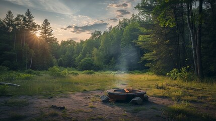 Tranquil campfire scene at dusk in a lush forest clearing. The essence of camping and outdoor relaxation.