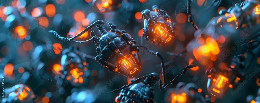 Poster a microscopic view of a swarm of nanobots, each one a tiny machine with glowing neon cores, working 