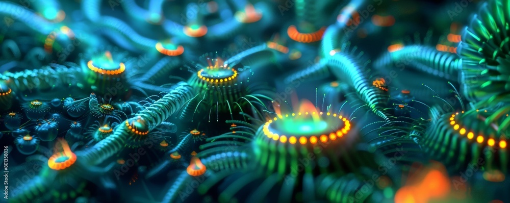 Poster a microscopic view of a swarm of nanobots, each one a tiny machine with glowing neon cores, working 