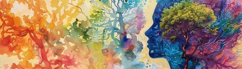 A watercolor painting of a woman's face in profile, with a tree growing out of her head. The tree is full of colorful leaves and branches. The background is a rainbow of colors.