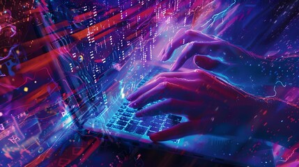 Fototapeta premium Futuristic Digital Landscape with Glowing Connections and Coding Elements