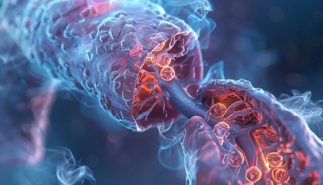 A microscopic view of healthy lung alveoli compared to ones damaged and inflamed by cigarette smoke 