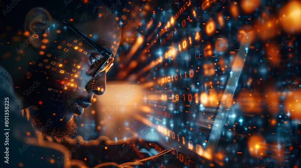 Poster futuristic digital landscape with swirling binary code and glowing particles