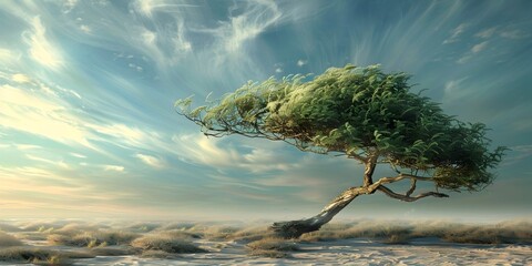 Resilient Tree Bending in Windswept Landscape Illustrating Flexibility and Adaptability