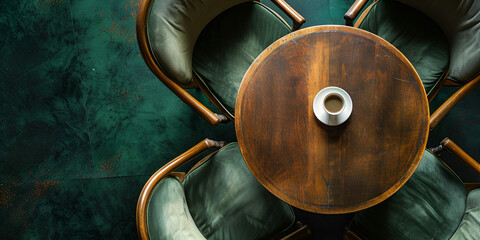 Top View of Four Empty Chairs Round Table with Empty Cup of Coffee or Tea with Green Surface Background