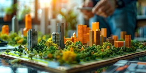A miniature model of a futuristic and sustainable city designed by an urban planner to adapt and evolve with growing populations